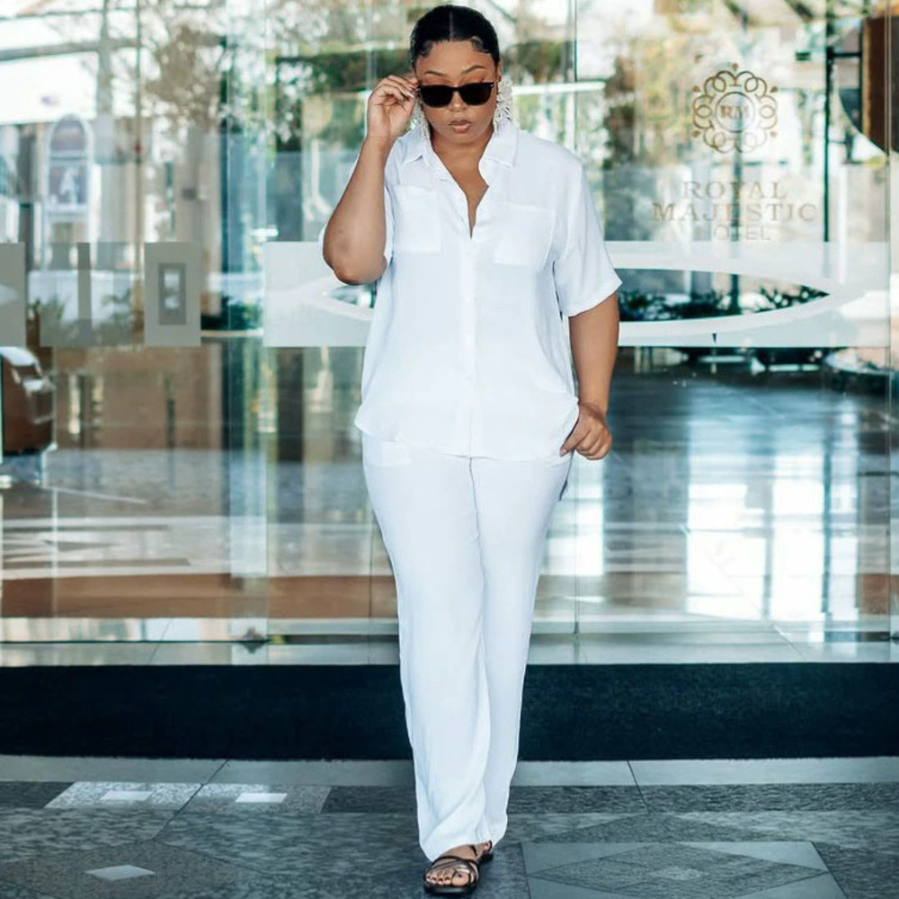 ZARA Trendy African Plus Size White Collar Loose Shirt Wide Leg Pants Set